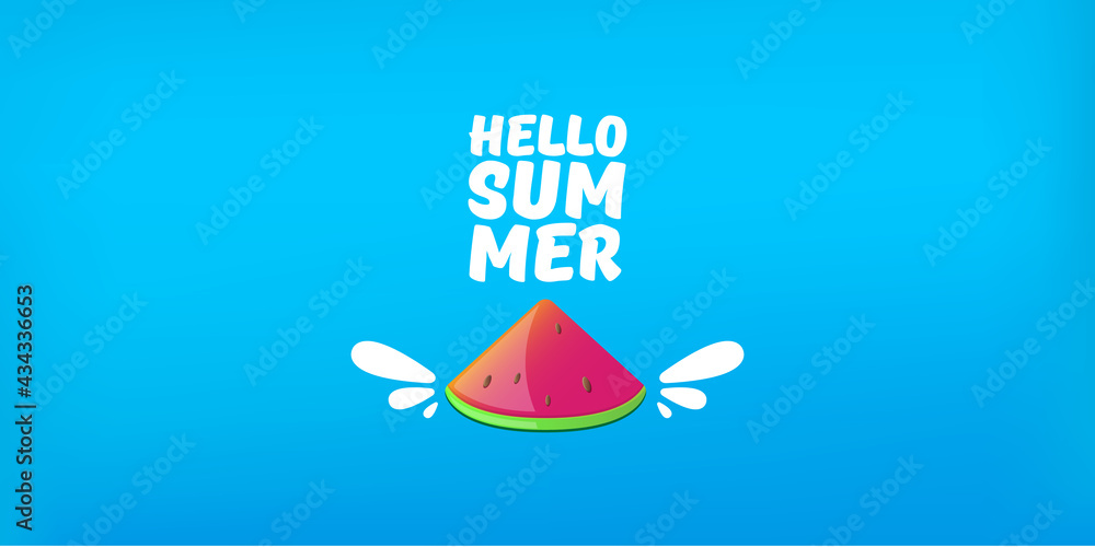 Hello Summer Beach Party horizontal banner Design template with fresh watermelon slice isolated on blue background. Hello summer concept label or poster with fruit and typographic text. Summer flyer