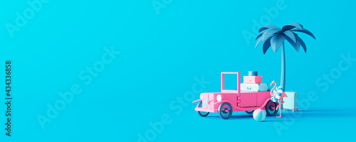 Pink toy car with luggage on pastel blue background. Creative minimal summer concept idea with copy space 3D Render 3D illustration