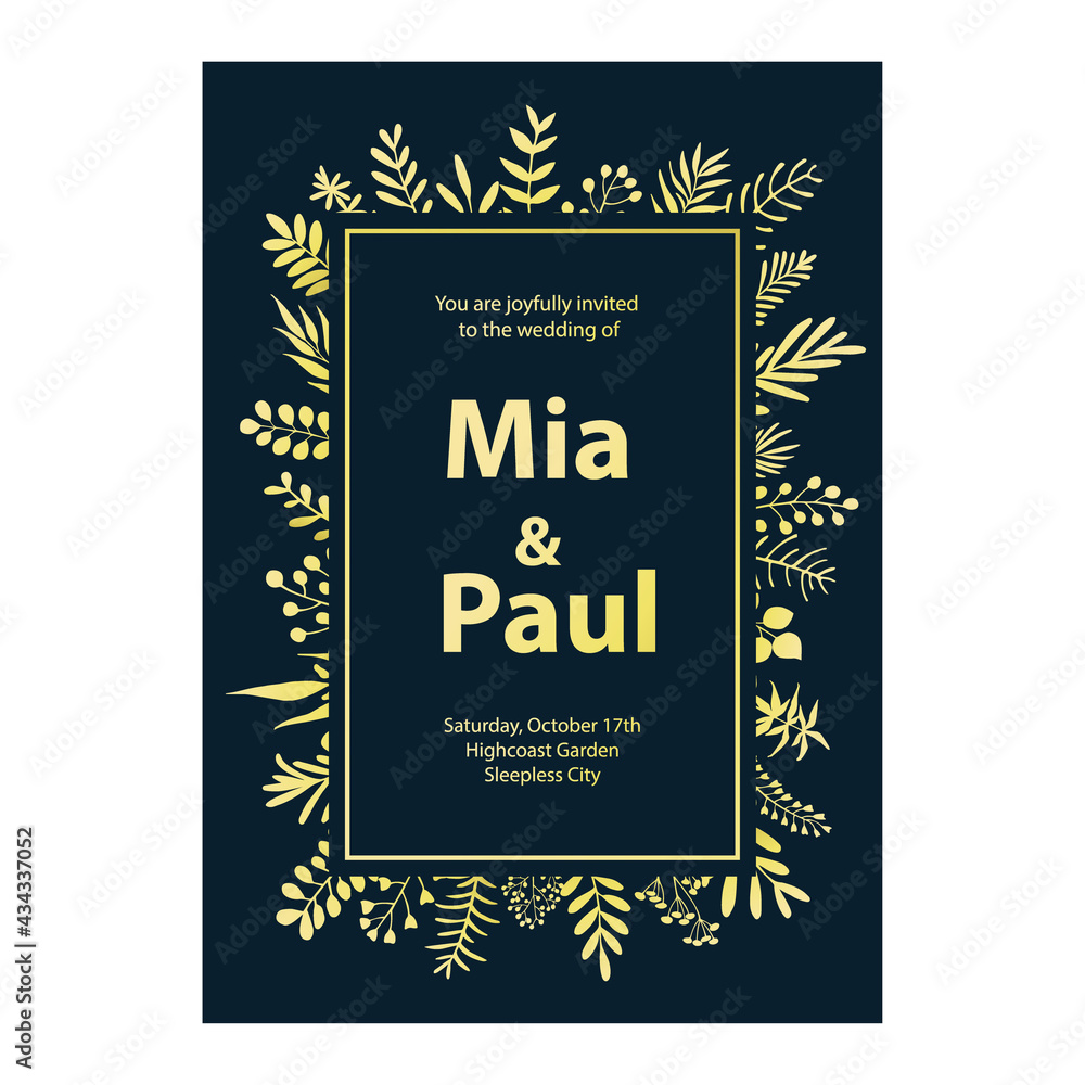 floral wedding invitation template framebackground in gold and navy blue colors