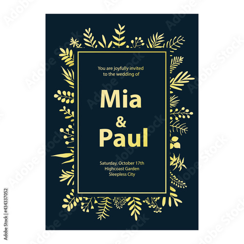 floral wedding invitation template framebackground in gold and navy blue colors