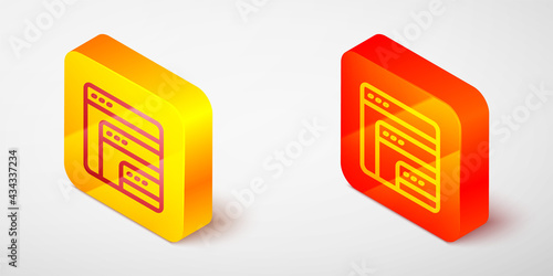 Isometric line Software, web developer programming code icon isolated on grey background. Javascript computer script random parts of program code. Yellow and orange square button. Vector
