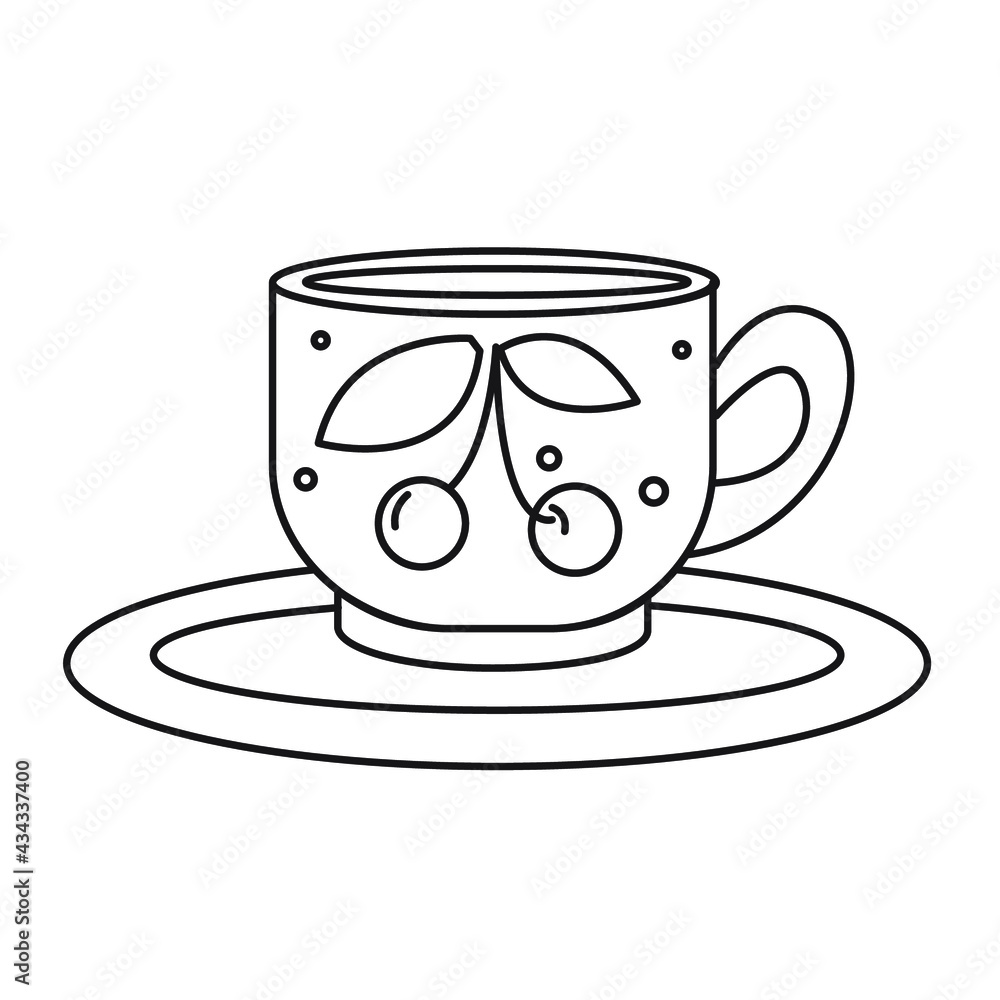 Coloring page. Black and white illustration of a cup of tea. Coloring page. Black and white illustration of a cup of tea.