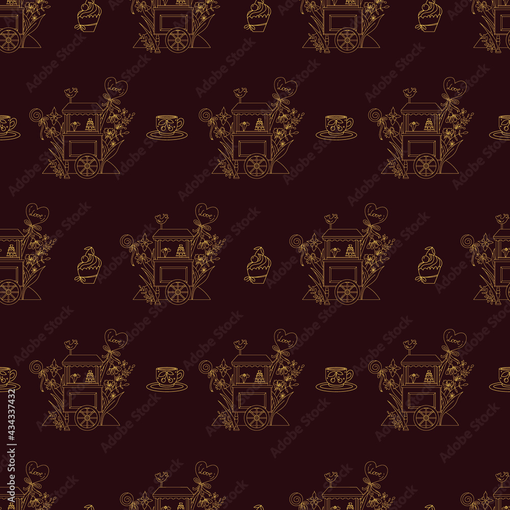 Vector seamless pattern a cart for flowers on a burgundy background. Muffin with cream and cherry. A cup of tea. Candy. Line art design. Vector seamless pattern a cart for flowers on a burgundy background. Muffin with cream and cherry. A cup of tea. Candy. Line art design.
