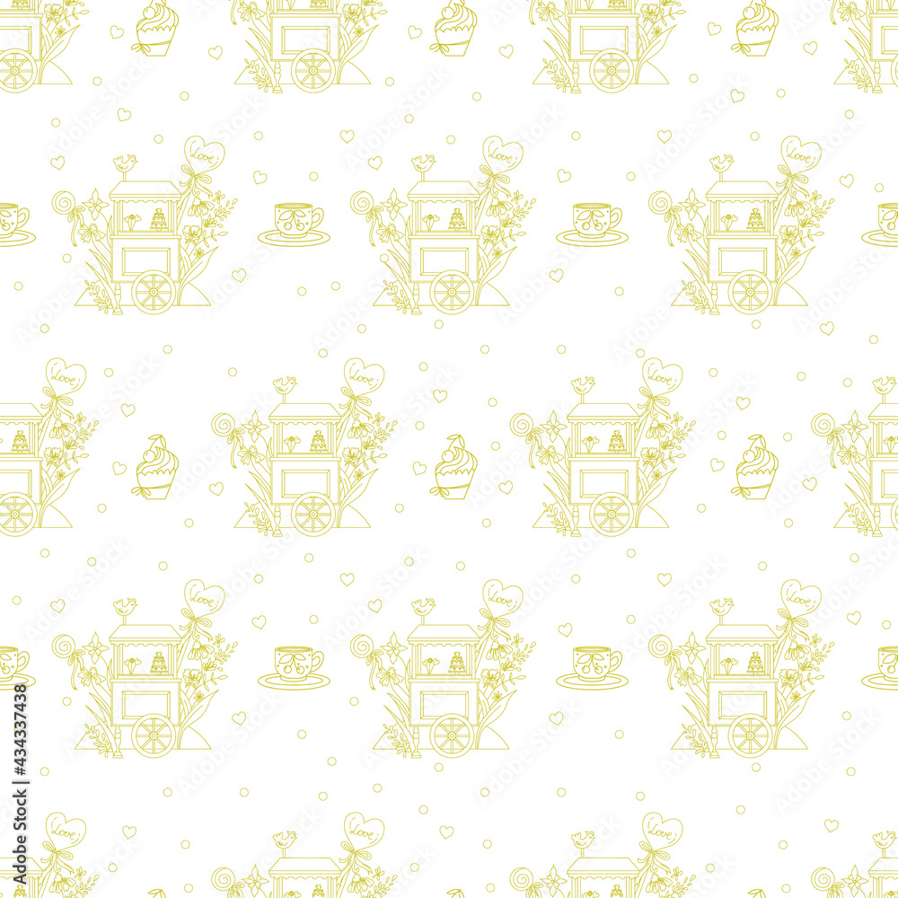 Vector seamless pattern a cart for flowers on a white background. Muffin with cream and cherry. A cup of tea. Candy. Line art design. Vector seamless pattern a cart for flowers on a white background. Muffin with cream and cherry. A cup of tea. Candy. Line art design.