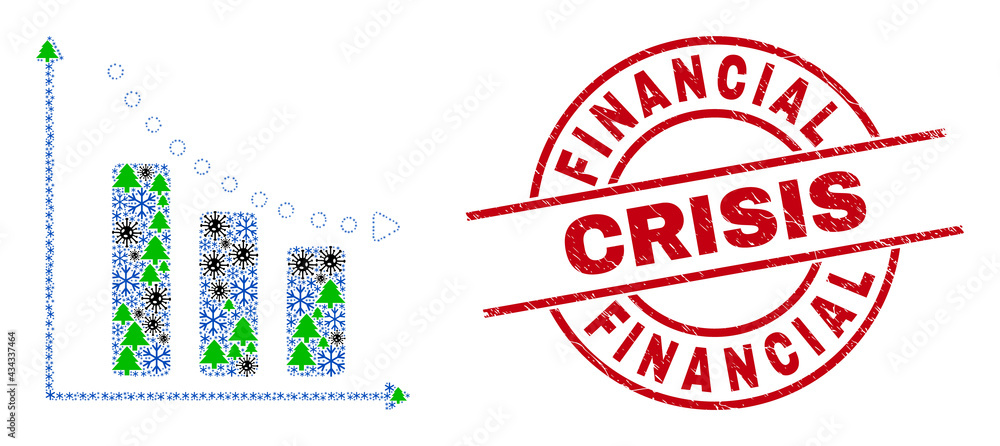 Winter Covid combination recession bar chart, and dirty Financial Crisis red round watermark. Collage recession bar chart is created of Covid, fir-tree, and snow flake symbols. Winter Covid combination recession bar chart, and dirty Financial Crisis red round watermark. Collage recession bar chart is created of Covid, fir-tree, and snow flake symbols.
