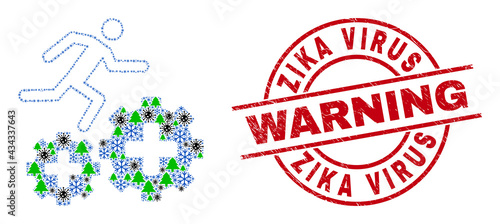Winter viral combination patient run over gears, and grunge Zika Virus Warning red round seal. Collage patient run over gears is created from Corona virus, fir tree, and snow flake symbols.