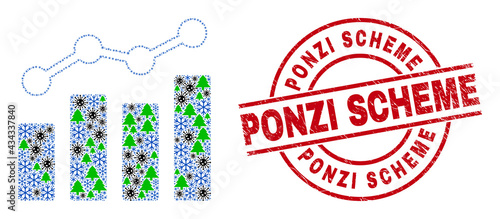 Winter coronavirus mosaic trend charts, and scratched Ponzi Scheme red round stamp print. Mosaic trend charts is organized from Covid, fir tree, and snow flake items.