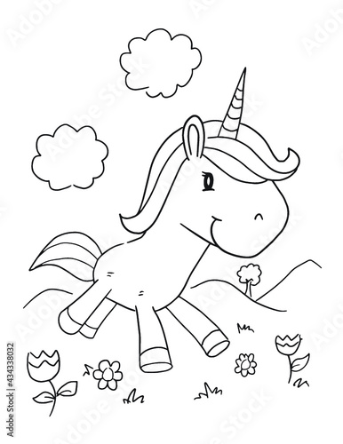 Cute Unicorn Coloring Book Page Vector Illustration Art