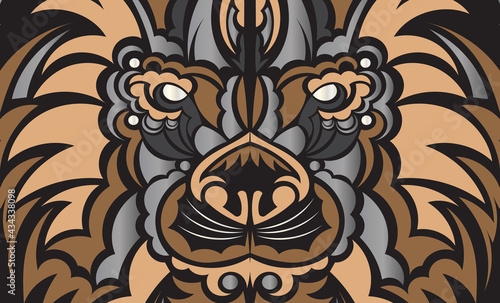 Polynesia and Maori dark luxury banner with lion face. Vector.