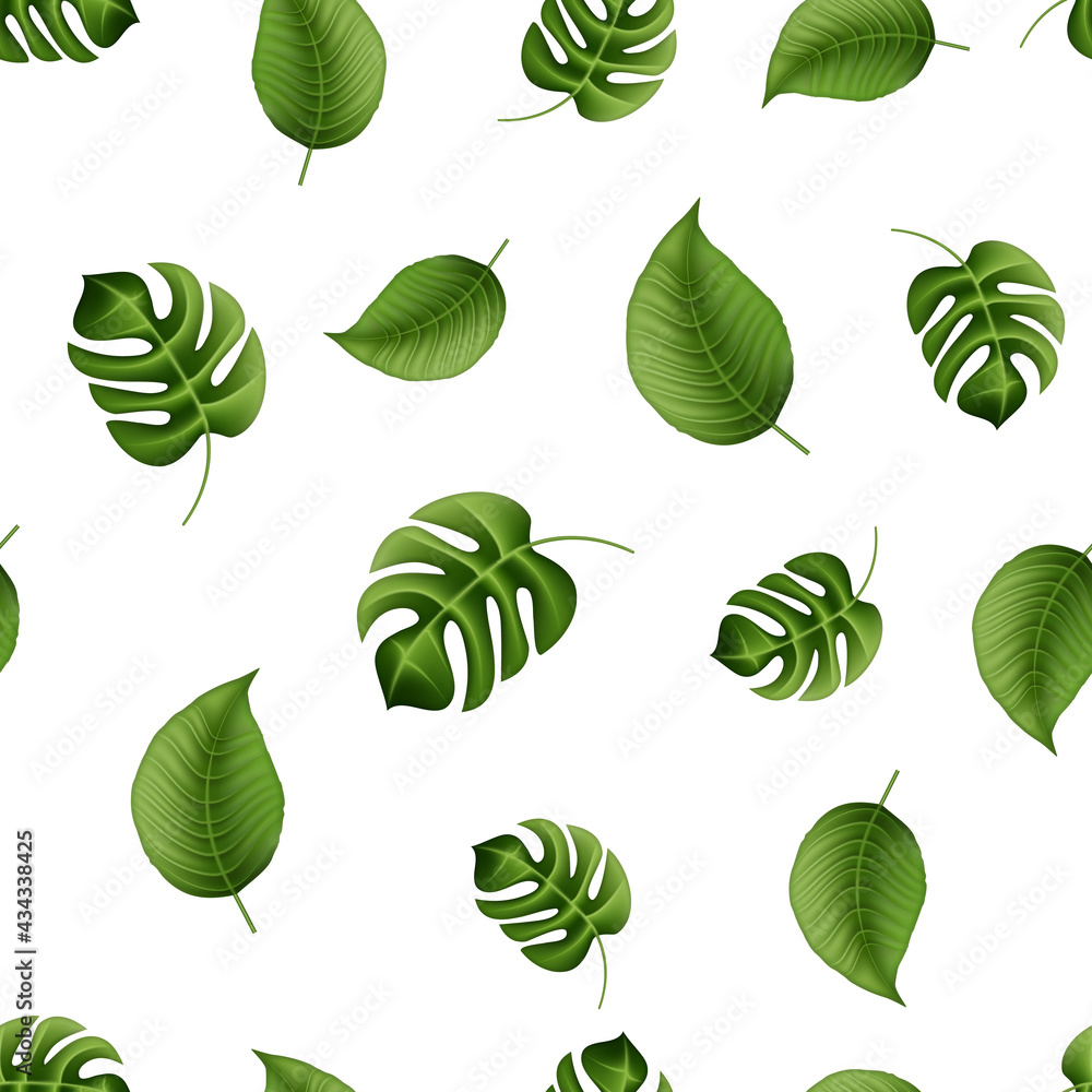 Seamless pattern with green realistic leaves. Good for menus, postcards, books, murals, and fabric. Vector illustration. Seamless pattern with green realistic leaves. Good for menus, postcards, books, murals, and fabric. Vector illustration.