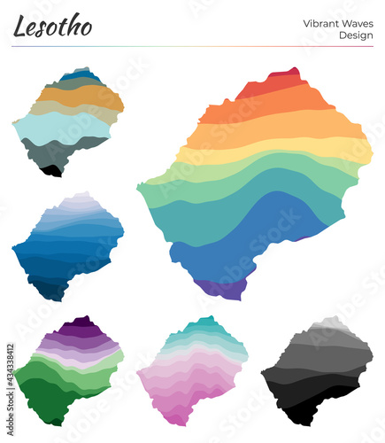 Set of vector maps of Lesotho. Vibrant waves design. Bright map of the country in geometric smooth curves style. Multicolored Lesotho map for your design. Cool vector illustration.