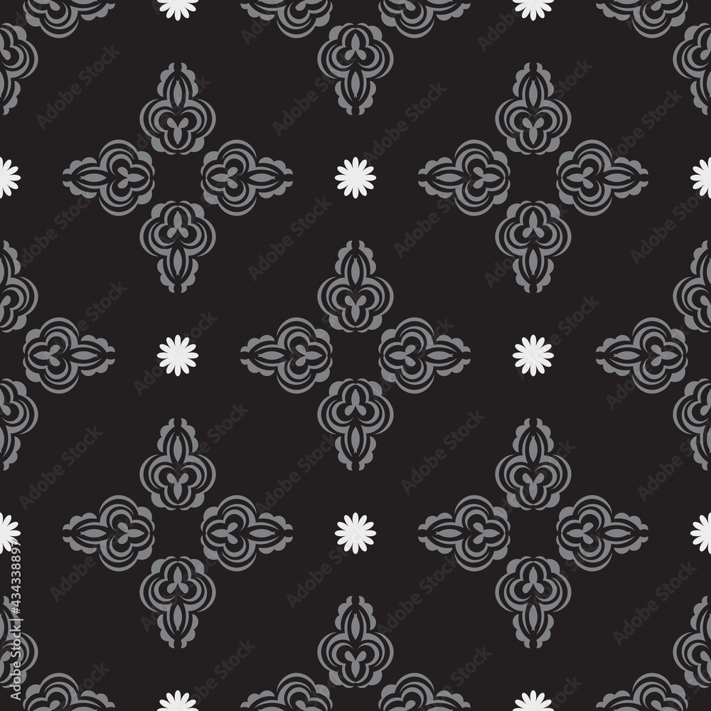 Black-gray seamless pattern with decorative ornaments. Good for backgrounds, prints, apparel and textiles. Vector illustration.