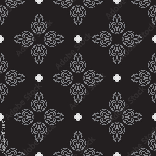 Black-gray seamless pattern with decorative ornaments. Good for backgrounds, prints, apparel and textiles. Vector illustration.