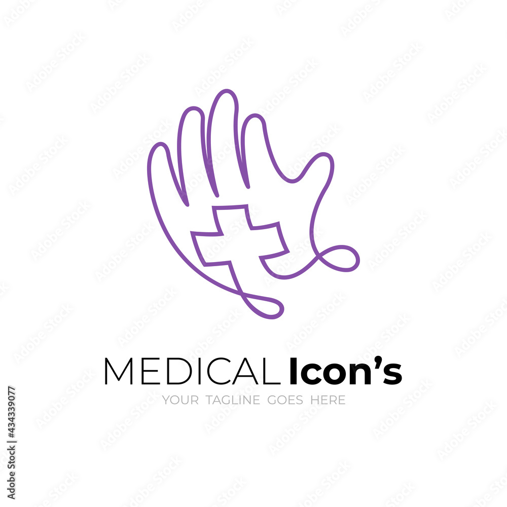 Hand and plus logo with line design medical, line style Hand and plus logo with line design medical, line style