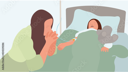Mom is praying over a sick child. A child in a hospital bed.