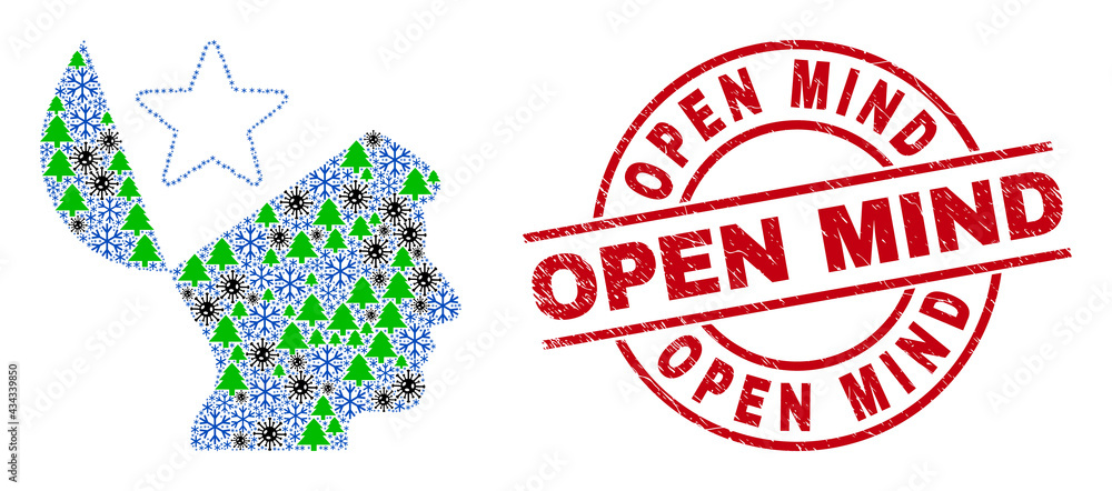 Winter coronavirus combination open mind star, and unclean Open Mind red round stamp seal. Collage open mind star is composed from Corona virus, fir tree, and frost items. Winter coronavirus combination open mind star, and unclean Open Mind red round stamp seal. Collage open mind star is composed from Corona virus, fir tree, and frost items.