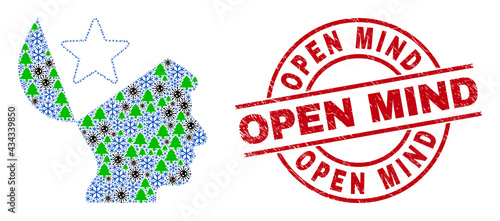 Winter coronavirus combination open mind star, and unclean Open Mind red round stamp seal. Collage open mind star is composed from Corona virus, fir tree, and frost items.