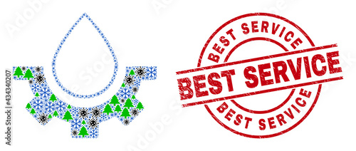 Winter viral collage water plumbing gear, and Best Service red round stamp seal. Collage water plumbing gear is composed of Covid-2019, forest, and snowflake symbols.