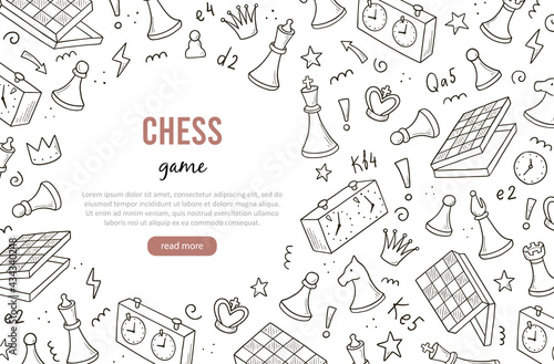 Hand drawn banners template with cartoon chess game elements. Doodle sketch style. Vector illustration for a chess club, tournaments banner, frame, brochure background.