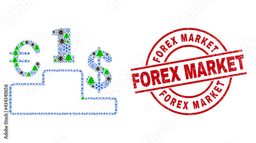 Winter Covid-2019 collage currency pedestal  and textured Forex Market red round seal. Mosaic currency pedestal is composed with Covid-2019  forest  and ice crystal symbols.