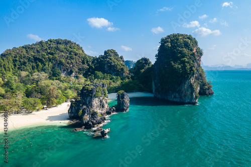 Aerial view of Hong island in Krabi, Thailand. Hong Island is an island off the coast of Krabi. Hong Island is part of the Than Bok Khorani national park.