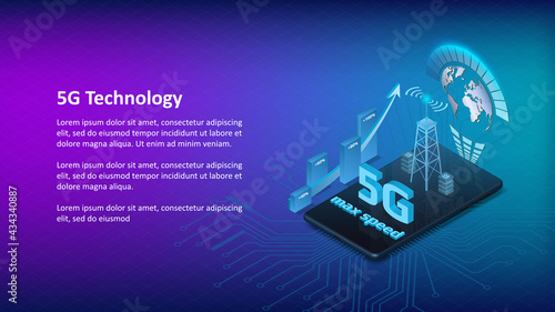 5G internet technology banner template with isometric phone on blue background and copy space. Up arrow with percentage bars and signal tower. Vector illustration.