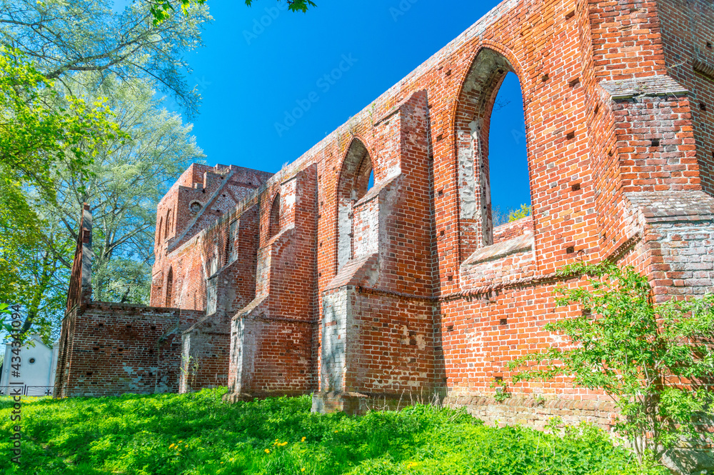 Ruins of a 14th and 15th century gothic church at spring time in Steblewo, Poland.