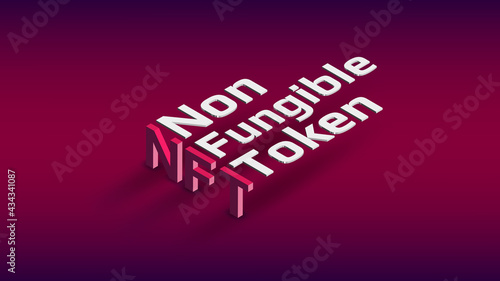 NFT nonfungible token isometric text on dark red background. Pay for unique collectibles in games or art. Design element. Vector illustration.