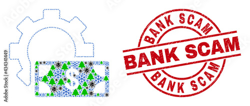 Winter coronavirus collage financial settings gear, and dirty Bank Scam red round badge. Collage financial settings gear is organized with coronavirus, green tree, and snow icons.