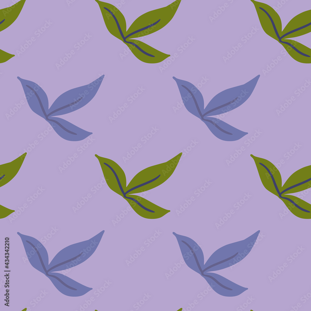 Floral botanic seamless pattern with blue and green simple leaf shapes. Light purple background. Floral botanic seamless pattern with blue and green simple leaf shapes. Light purple background.