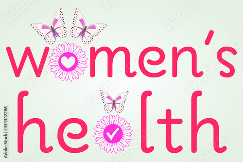 Women's health concept flat vector illustration. Flowers,check,and text with butterflies. A design in pink,and white for healthcare,awareness,banner,