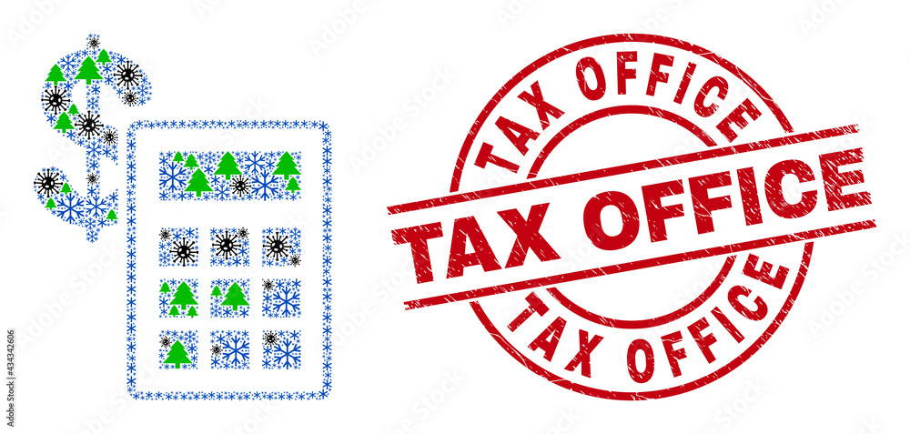 Winter Covid-2019 mosaic financial calculator, and scratched Tax Office red round seal. Collage financial calculator is constructed with Covid, fir tree, and frost icons. Winter Covid-2019 mosaic financial calculator, and scratched Tax Office red round seal. Collage financial calculator is constructed with Covid, fir tree, and frost icons.