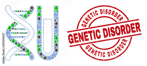 Winter Covid composition DNA testtube, and scratched Genetic Disorder red round stamp seal. Collage DNA testtube is created with Covid, fir-tree, and snow items.