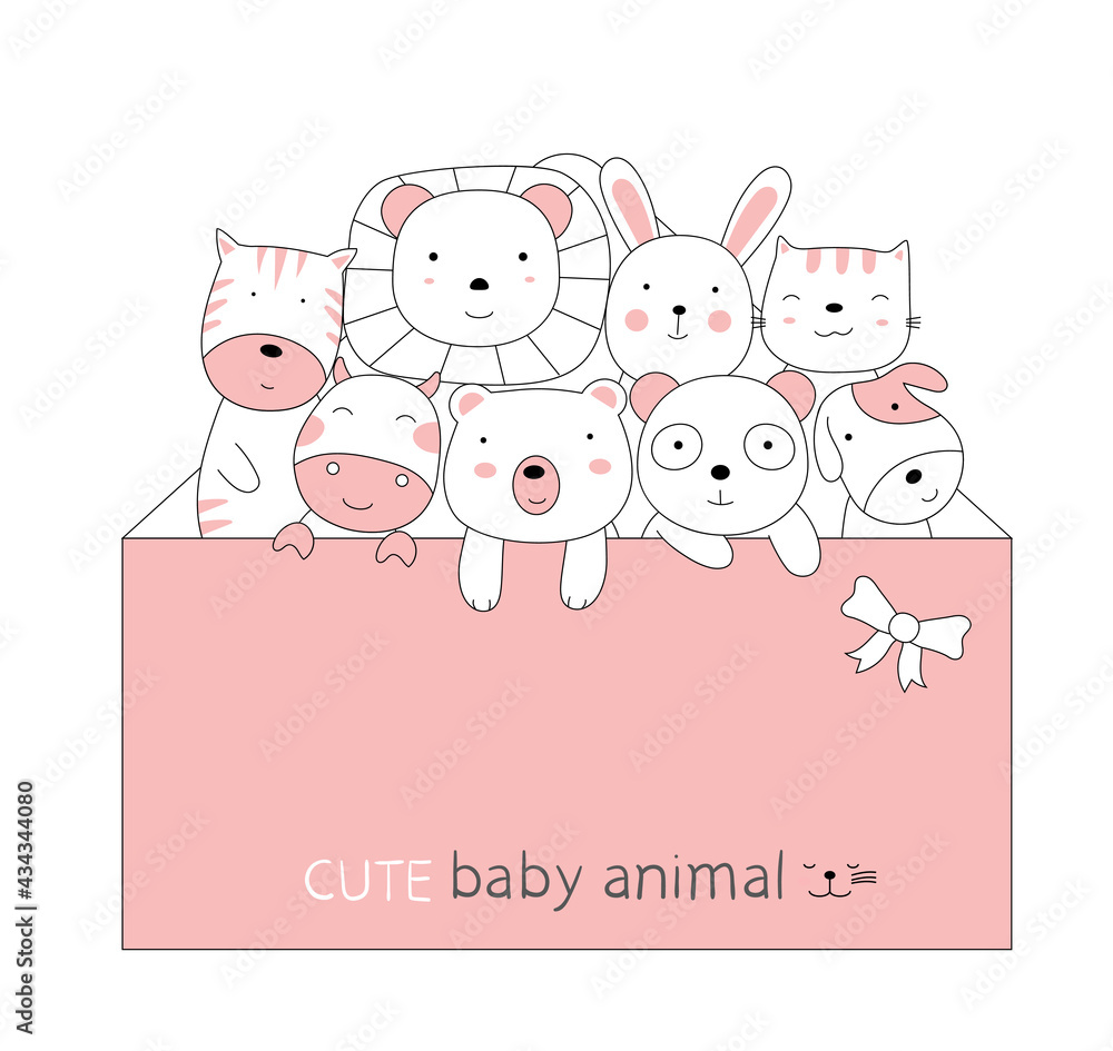 Cartoon sketch the cute baby animal with a pink envelope. Hand-drawn style.