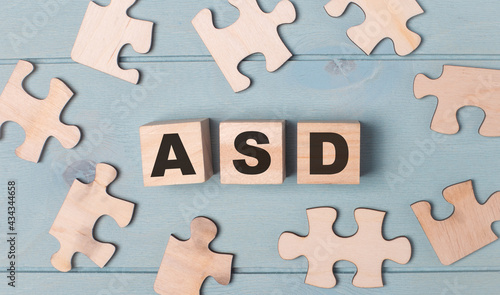 Blank puzzles and wooden cubes with the text ASD Autism Spectrum Disorder lie on a light blue background.