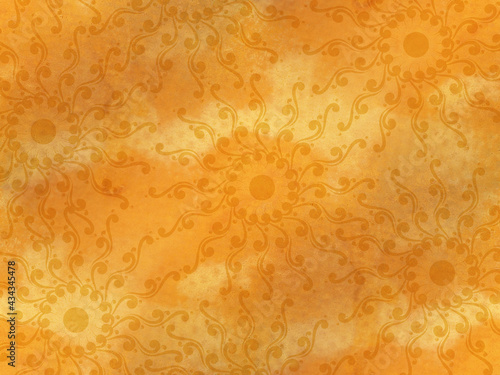 Yellow watercolor on paper. Funny pattern like abstract suns or dandelions. Universal summer background. 