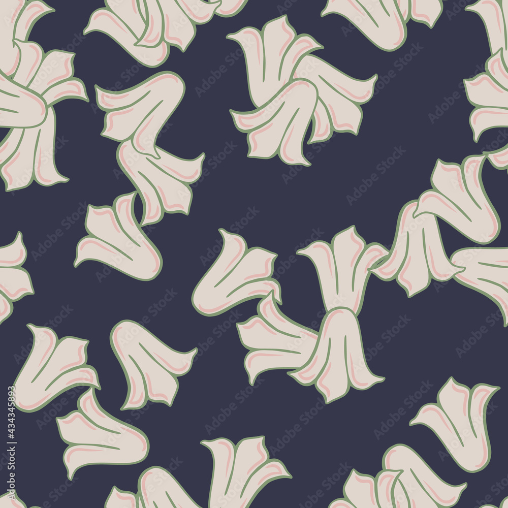 Dark abstract seamless pattern with grey random tulip buds flower elements. Navy blue background. Dark abstract seamless pattern with grey random tulip buds flower elements. Navy blue background.