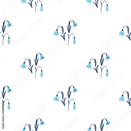 Isolated seamless pattern with blue bluebell hand drawn flowers ornament. White background. Doodle style. photo