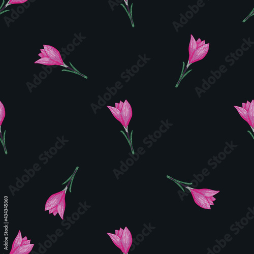 Seamless floral pattern with random pink crocus flowers on dark maroon background.