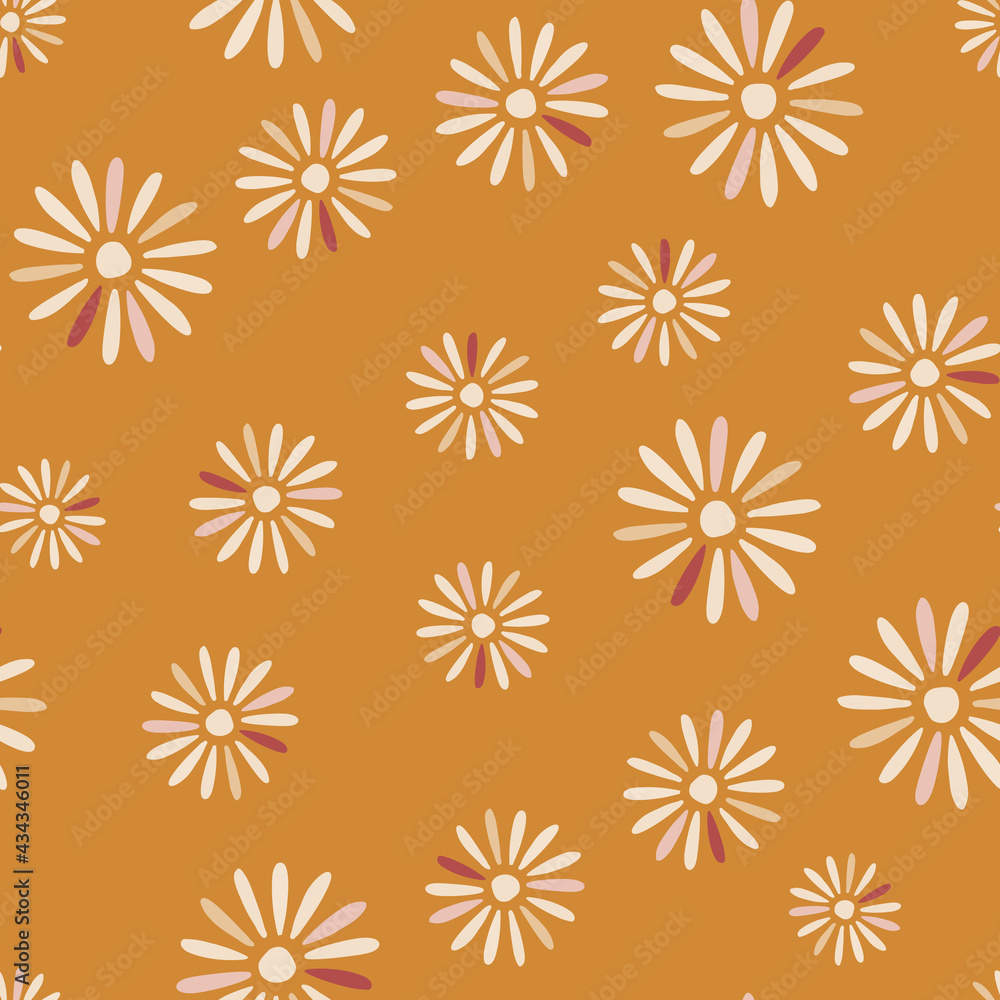 Bloom seamless pattern in botanic style with random white abstract daisy print. Orange background. Bloom seamless pattern in botanic style with random white abstract daisy print. Orange background.