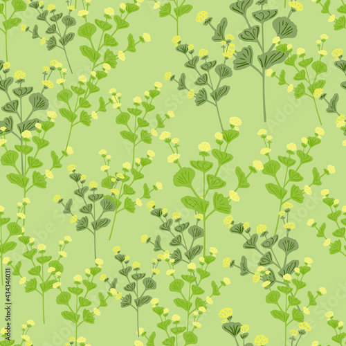 Summer meadow seamless nature pattern with random light green wildflowers silhouetes. Pastel background.