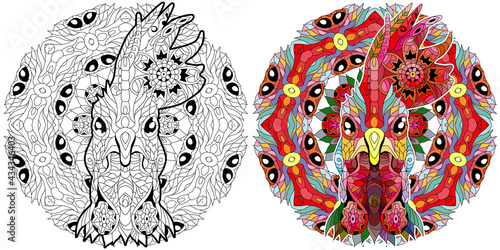 Zentangle rooster head with mandala. Hand drawn decorative vector illustration for coloring