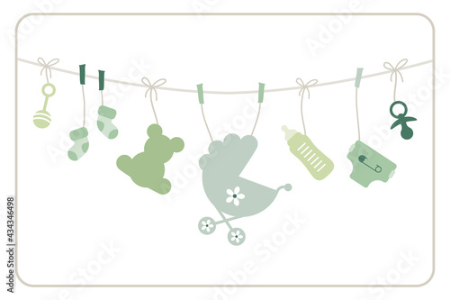 Geschenkkarte Hängende Babysymbole Unisex Grün Beige