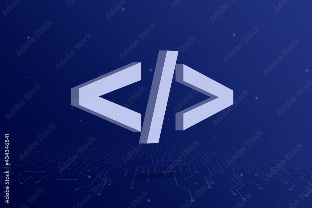 Program code icon on blue background with circuit elements 3d Program code icon on blue background with circuit elements 3d