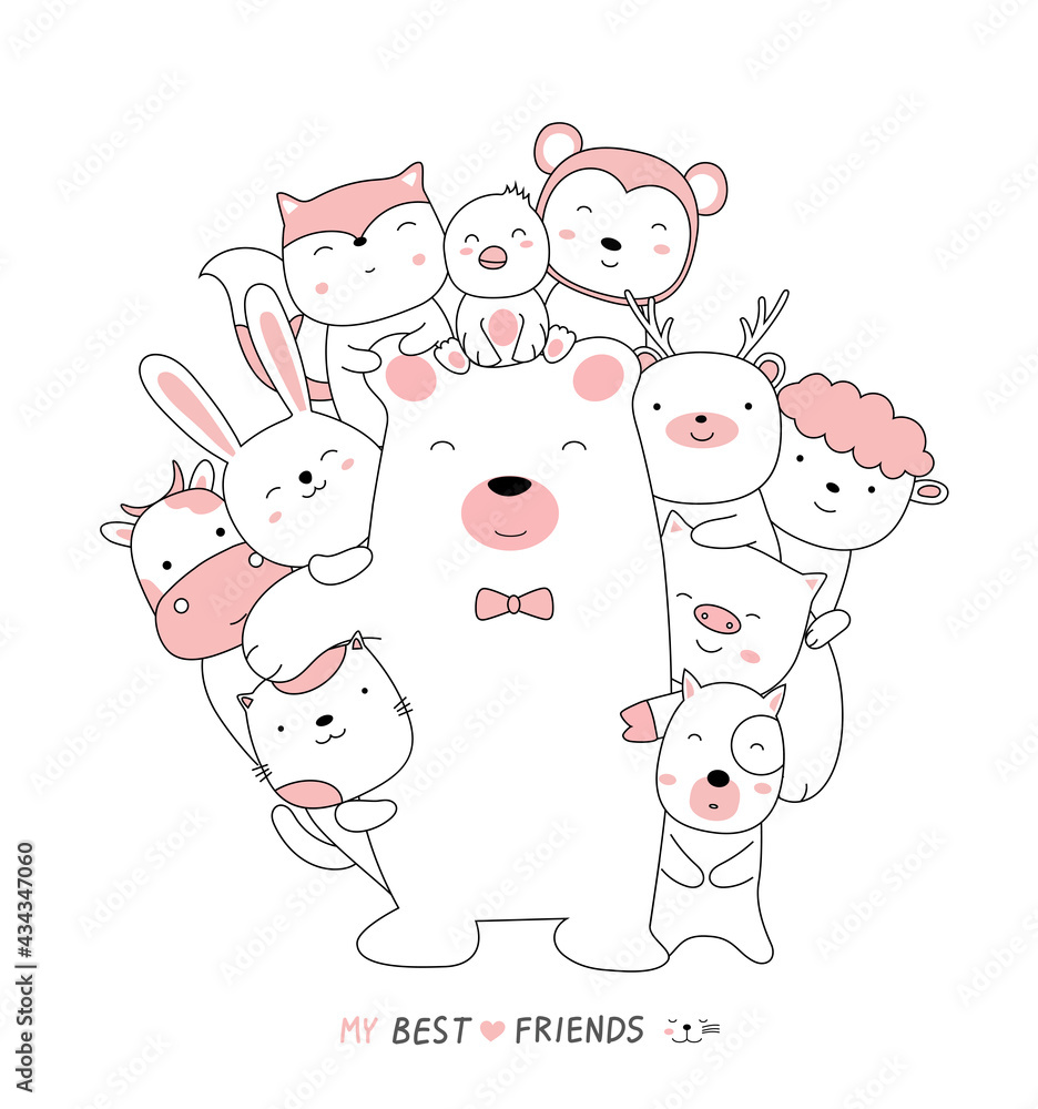 Cartoon sketch the cute bear baby animals with friends. Hand drawn style.