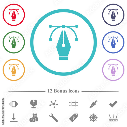 Editing vector curve with pen tool flat color icons in circle shape outlines
