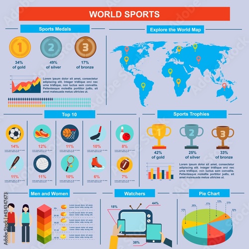 Sports infographics set with charts world map data and statistics vector illustration