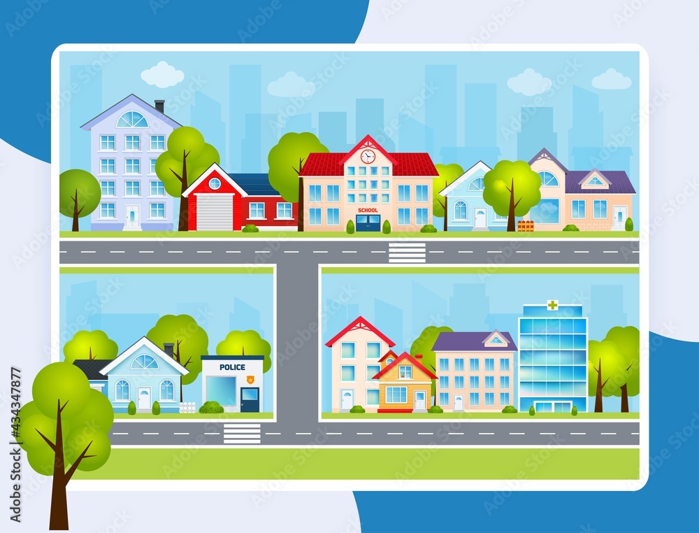 Flat town buildings with private houses school police office vector illustration