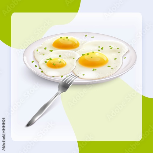 Fried eggs breakfast on plate with fork realistic isolated on white background vector illustration