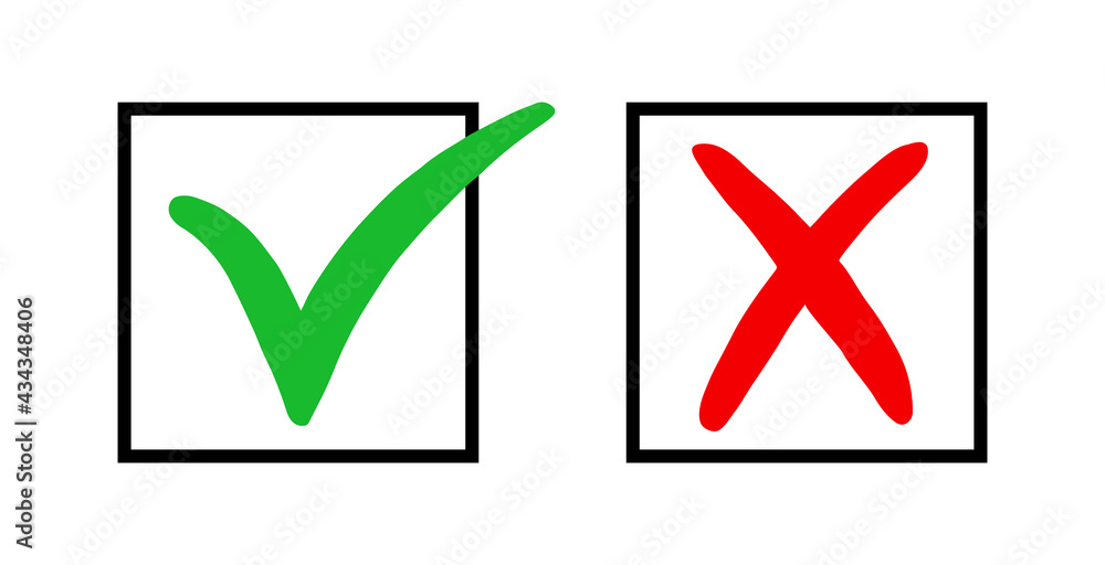 Wrong green and right red color mark. Icon check yes and x isolated on white background. Wrong or right checkmark. Symbol correct and false. Tick box. Ok or cross. Done choice. Vector illustration Wrong green and right red color mark. Icon check yes and x isolated on white background. Wrong or right checkmark. Symbol correct and false. Tick box. Ok or cross. Done choice. Vector illustration